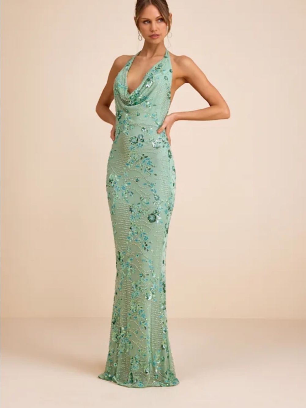 Carlana Mint Green Beaded Sequin Backless Maxi Dress